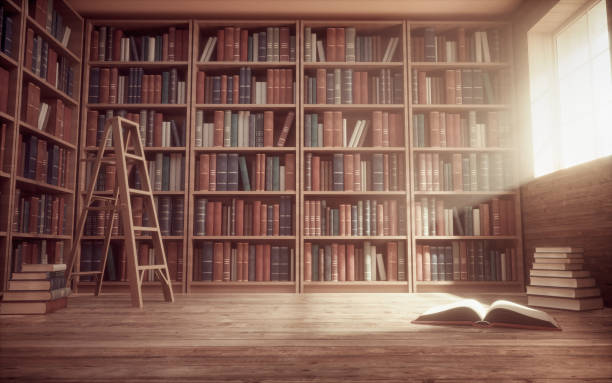 Library interior with bookshelves full of books.