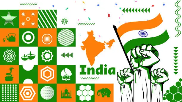Vector illustration of India national day banner with map, flag colors theme background and geometric abstract retro modern orange white green design. Indian independence day theme. South Asia Patriots Vector Illustration.