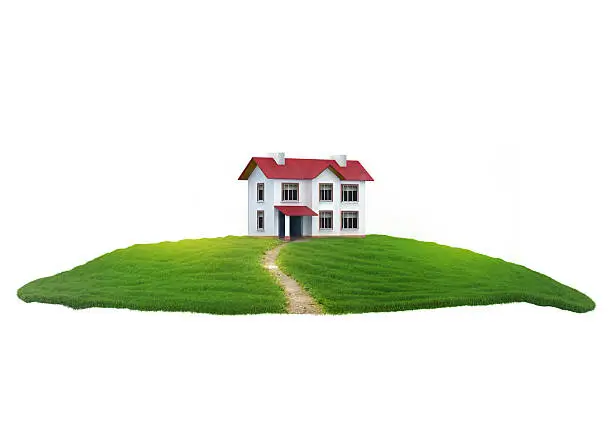 3d illustration of a piece of land with house in the air and lawn with pathway in the grass. Isolated on white