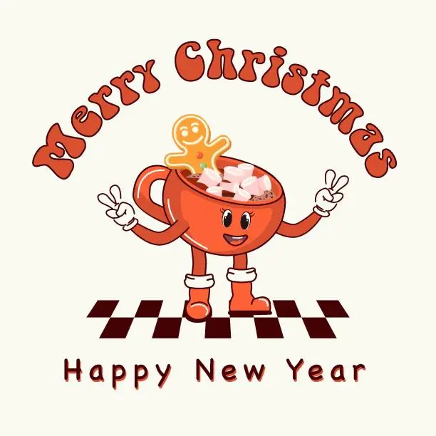 Vector illustration of Happy New Year. Cute hot cocoa mug. Retro character in groovy cartoon style. Atmosphere of the 60's and 70's. Merry Christmas and Happy New Year.