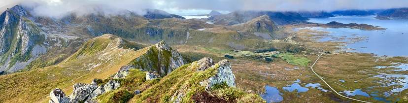 beautiful panorama with peak mountains  and sea  in lofoten island in Norway