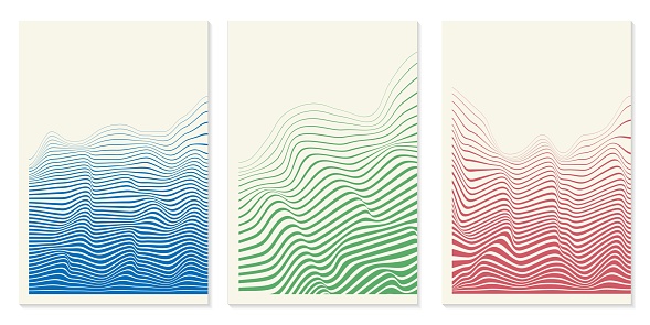 Abstract Lines. Lines Wave Poster graphic design in the style of Lines Wave Poster. 3d graphic effect. Set of templates for banner, cover, poster, postcard.Striped vector background. Vector illustration