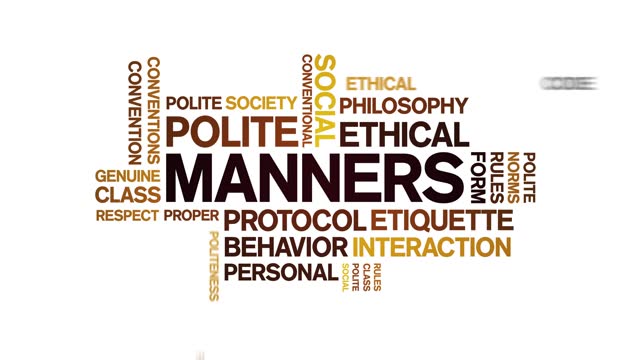 Manners animated word cloud,animation text kinetic typography seamless loop.