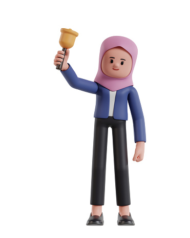 3d Illustration of Cartoon Businesswoman with hijab holding bell to remind