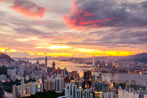 Cityscape for Hong kong city with sunset and victoria mountain, Hongkong, China