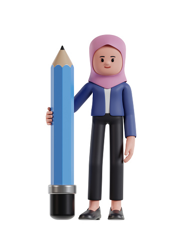 3d Illustration of Cartoon Businesswoman wearing a hijab holding big pencil