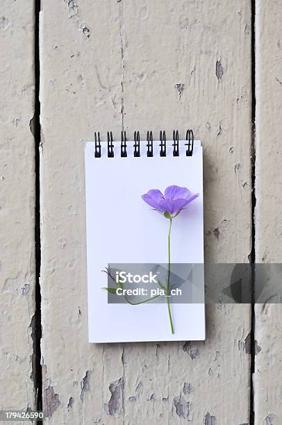 O Bloco De Notas Em Branco E Violeta Flor Em Fundo De Madeira Rústico Prancha - Fotografias de stock e mais imagens de Caderno de notas