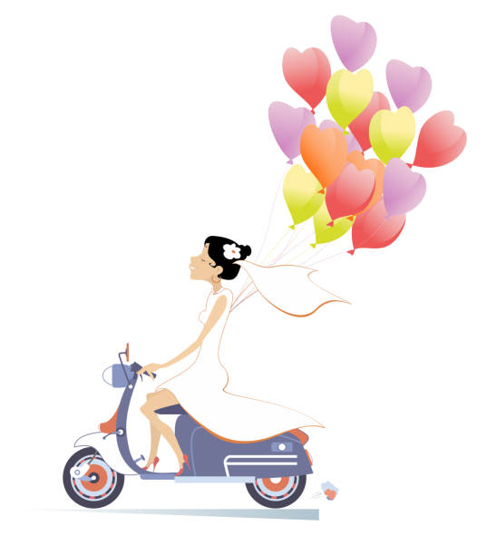 istock Pretty bride with air balloons rides on the scooter 1794271980