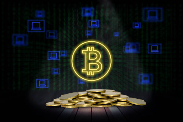 istock bitcoin symbol and coins stack with lighting and smoke on wooden stage 1794283497