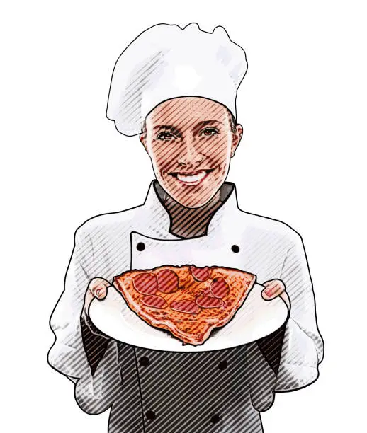 Vector illustration of Chef and slice of pizza