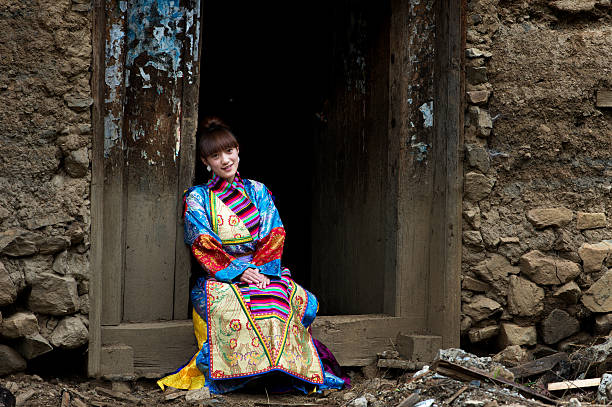 Beautiful girl in Tibet, Tibetan houses before.