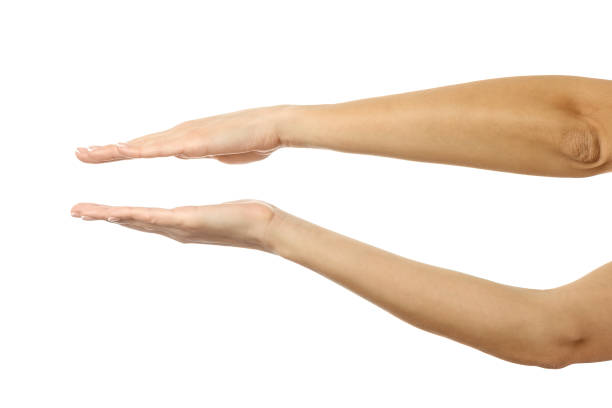 istock Holding or measuring hands. Woman hand gesturing isolated on white 1794305631