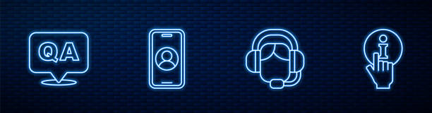 istock Set line Woman with a headset, Question and Answer, Telephone 24 hours support and Information. Glowing neon icon on brick wall. Vector 1794332390