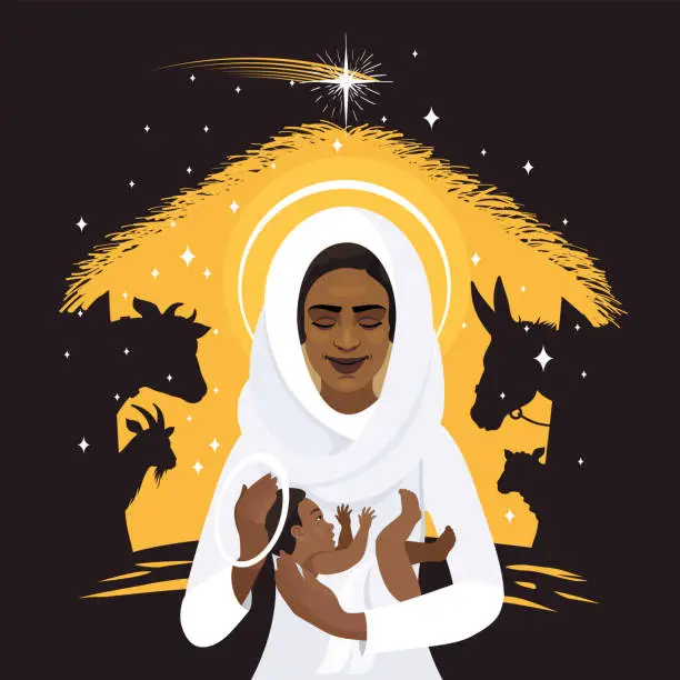 Vector illustration of The Birth of Christ. The Holy Child. Mother and child.