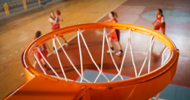 close-up of basketball hoop - basketball basketball hoop selective focus net imagens e fotografias de stock