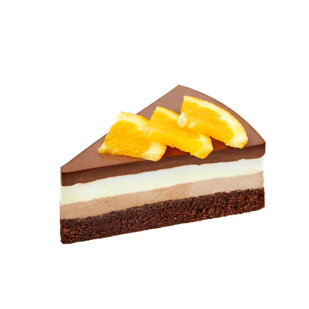 istock A piece of Three souffle cake based on chocolate biscuit, chocolate and vanilla souffle and ganache isolated on white 1794339976