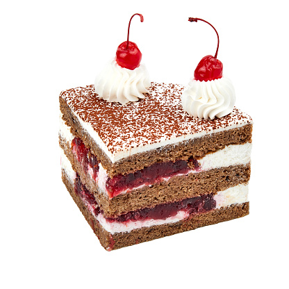 A piece of Cake with chocolate biscuit, cheese cream and cherry marmalade isolated on white