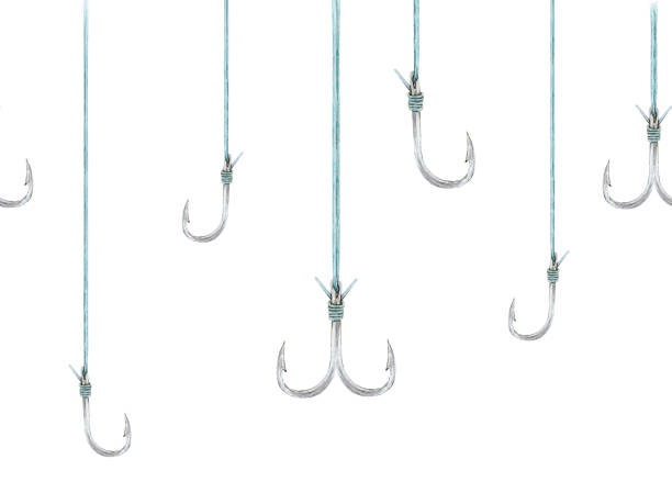 istock Fishhooks on fishing lines seamless border. Watercolor drawing of sharp angling equipment on white background 1794356884