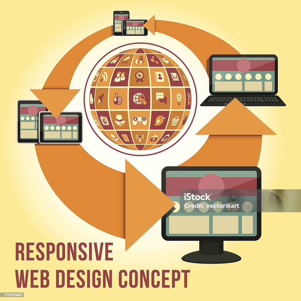 Conceito de Design Web responsivo com computador e dispositivos móveis - Royalty-free Aplicação móvel arte vetorial