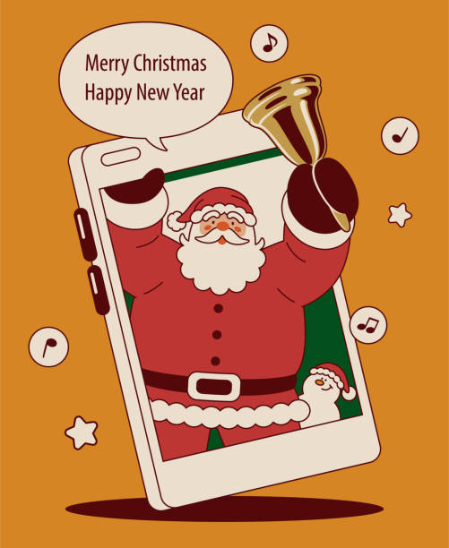 illustrazioni stock, clip art, cartoni animati e icone di tendenza di babbo natale che spunta da uno smartphone suona una campana tintinnante e ti augura un buon natale e un felice anno nuovo - bell jingle christmas music