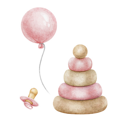 Toys for newborn girl. Wooden pyramid, air balloon and Baby's dummy or soother . Watercolor illustration. Isolated. Clipart for kids goods, kid's shop, cards, baby shower, children's room and toy