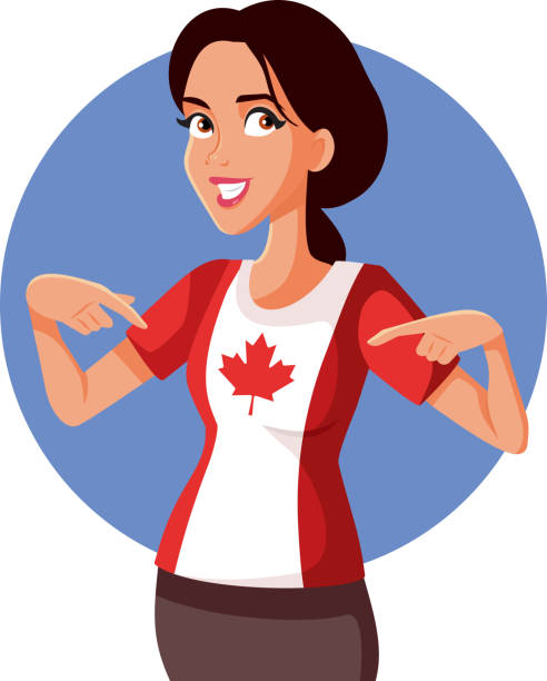 illustrazioni stock, clip art, cartoni animati e icone di tendenza di donna che indossa la bandiera canadese sulla sua maglietta personaggio vettoriale - canadian flag canadian culture canada people