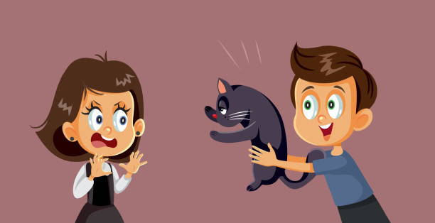 男の子は猫のベクトル漫画のイラストで彼の妹を悩ませる - pets problems conflict humor点のイラスト素材／クリップアート素材／マンガ素材／アイコン素材