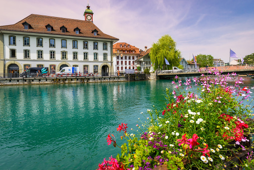 Thun, Switzerland - June 23, 2023: Aare river in historic downtown with flowers in the foreground. Beautiful Thun city, Lake Thunersee, swiss alps, Switzerland. A walk through the city