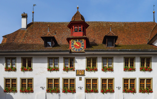 Historic city hall in Thun, Kanton Bern, Switzerland. A walk through the city