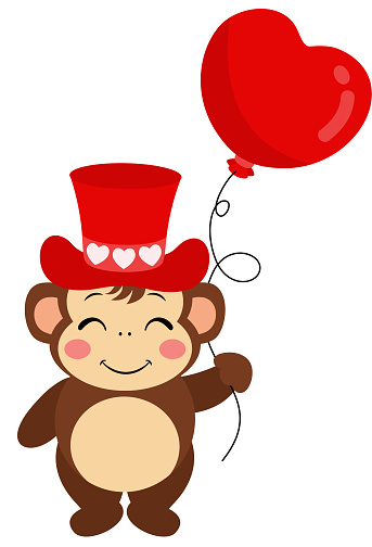 Scalable vectorial representing a cute monkey with red hat holding a heart balloon, element for design, illustration isolated on white background.