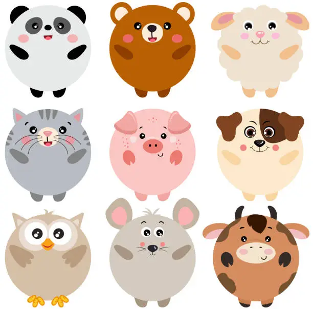 Vector illustration of Set of cute animals with round body