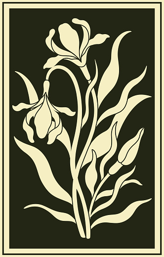 Floral iris design in art nouveau 1920-1930. Hand drawn iris style with weaves of lines, leaves and flowers. Vector illustration.