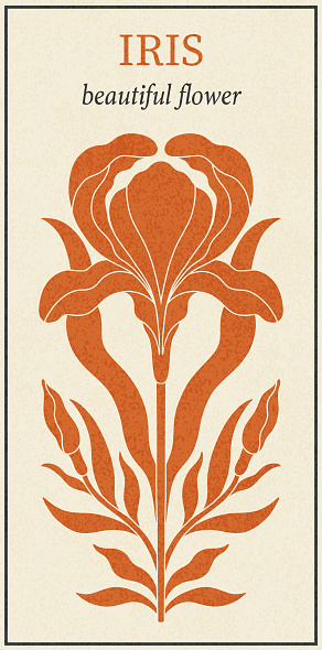 Floral iris design in art nouveau 1920-1930. Hand drawn iris style with weaves of lines, leaves and flowers. Vector illustration.