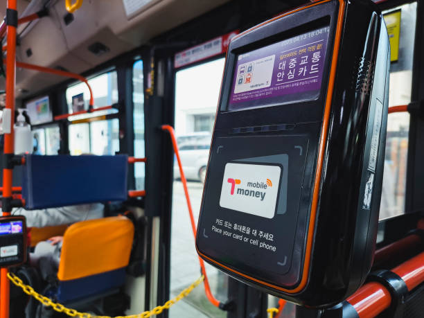T-money smart card Bus fare payment Public Transportation in South Korea Seoul, South Korea - April 19, 2023 : T-money smart card Bus fare E payment Public Transportation in Cashless society South Korea seoul bus stock pictures, royalty-free photos & images