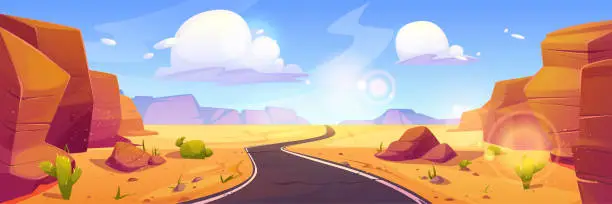 Vector illustration of Canyon desert landscape with road perspective