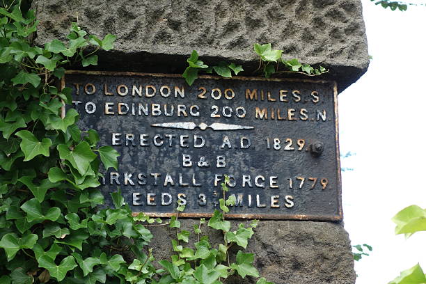 istock old cast iron mileage distance sign still used in Leeds 179450730