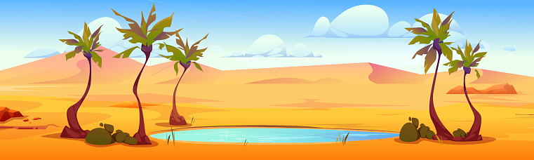 Sandy desert with small lake under palm trees. Vector cartoon illustration of african landscape with pond, dunes, tropical plants, stones near water, cloudy sky, drought season, travel game background