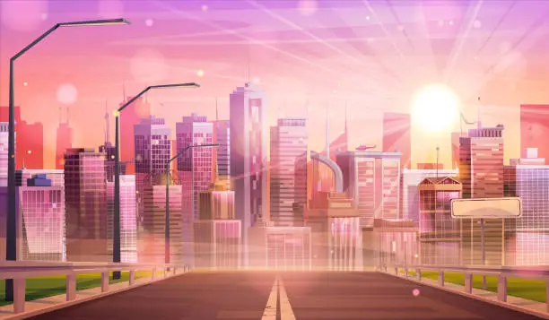 Vector illustration of Morning cityscape with sun above urban highway
