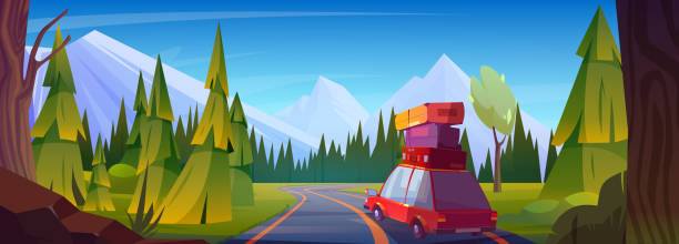 istock Car with luggage on top driving forest highway 1794520808