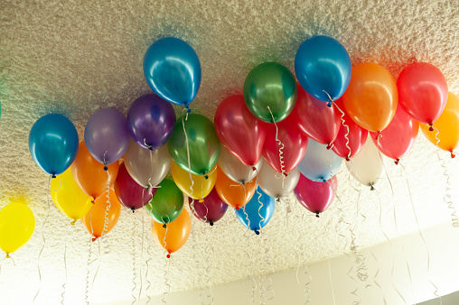 Multi-colored helium ballons collect along the ceiling of a banquet hall.