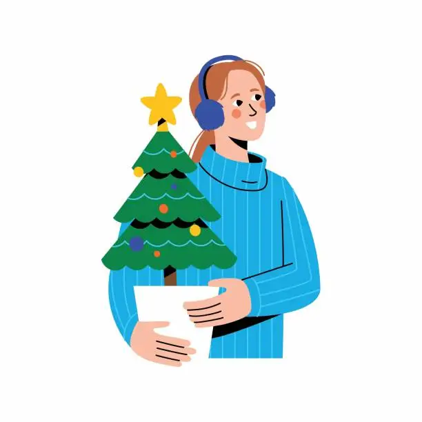 Vector illustration of headphones holding Christmas tree. Young happy girl standing, holding Xmas fir, surprising new year, preparing for winter holidays