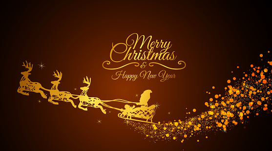 Merry christmas and happ new year with golden santa claus and golden reindeer on his sleigh and golden bokeh and concept christmas background.Vector illustration.