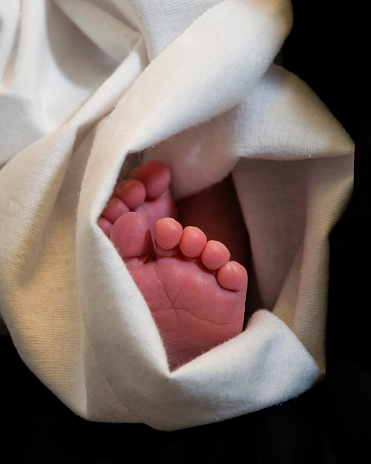 A pair of tiny, pink feet of a newborn baby wrapped in a soft, white blanket.