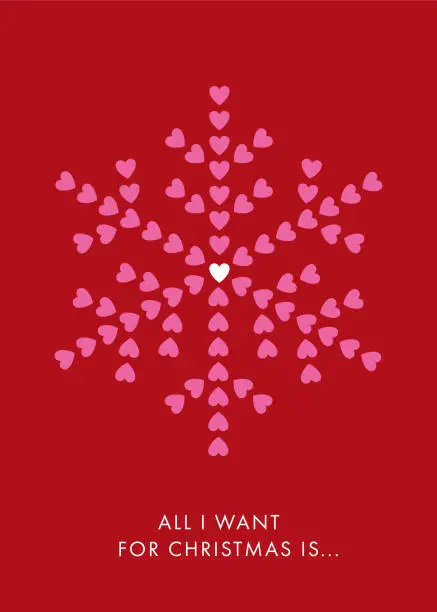 Vector illustration of Christmas card with stylized Snowflake made with hearts.