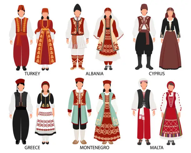 Vector illustration of A set of couples in folk costumes of European countries. Türkiye, Albania, Montenegro, Greece, Cyprus, Malta. Culture and traditions.