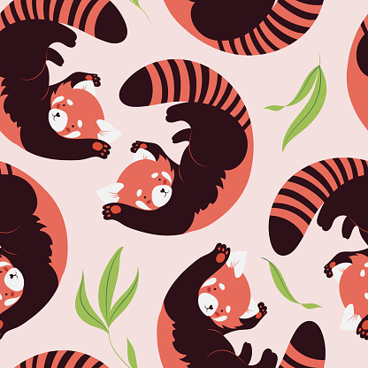 Seamless pattern with cute red panda, hand drawn in flat design