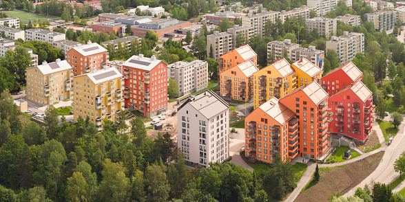 Modern colorful apartment buildings in Espoo, Finland.