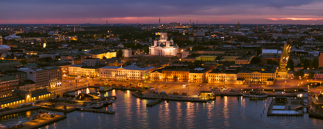 Downtown Helsinki on a summer evening, with a view towards the market square and Helsinki Cathedral.