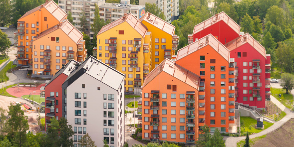 A group of modern colorful apartment buildings in Espoo, Finland.