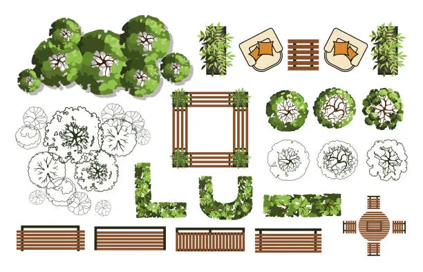 Vector illustration of Top view elements for the landscape design plan. Trees and benches for architectural floor plans. Maze garden. Various trees, bushes, and shrubs. Vector illustration.